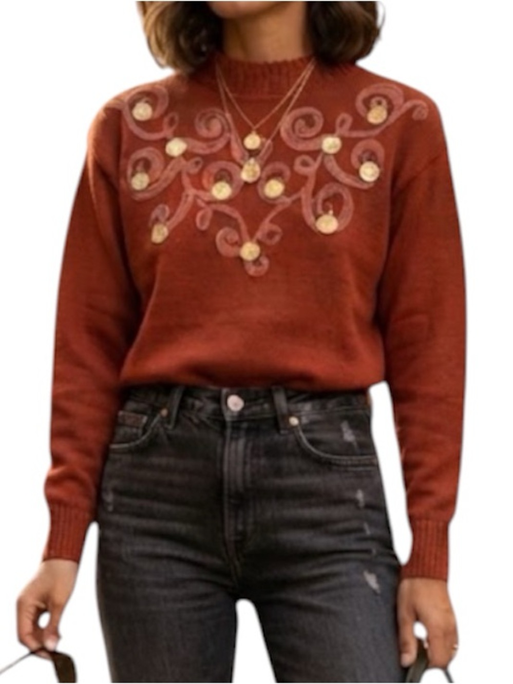 LIBERAL Vintage Japanese Wool Rust Brown Coin Scroll Sweater Preppy Retro M